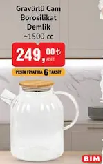 GRAVÜRLÜ CAM BOROSİLİKAT DEMLİK 1500 CC